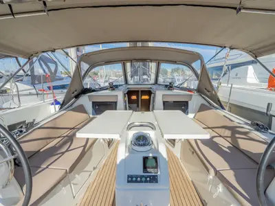 Cockpit of Salty, a Jeanneau Sun Odyssey 410 sailboat at Municipal Unit of Nea Peramos, Greece