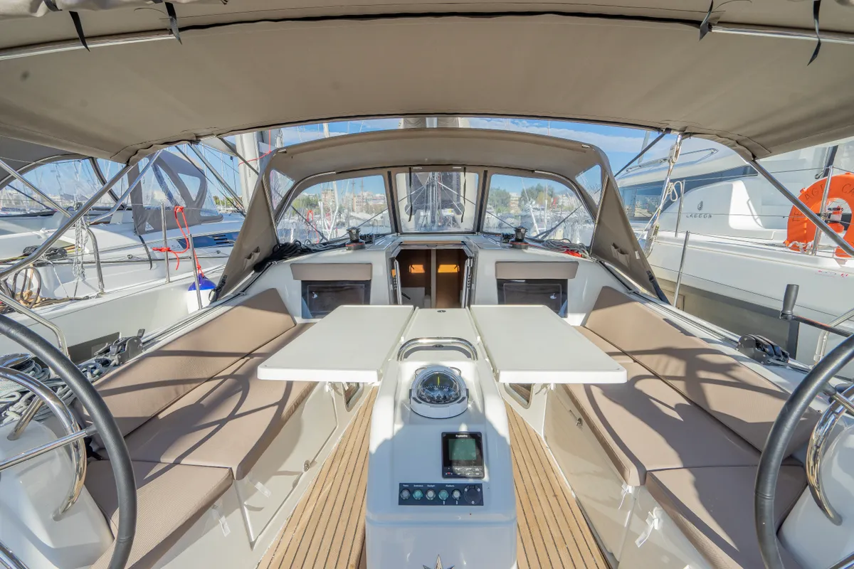 Cockpit of Salty, a Jeanneau Sun Odyssey 410 sailboat at Municipal Unit of Nea Peramos, Greece
