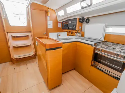 Galley of Salty, a Jeanneau Sun Odyssey 410 sailboat at Municipal Unit of Nea Peramos, Greece