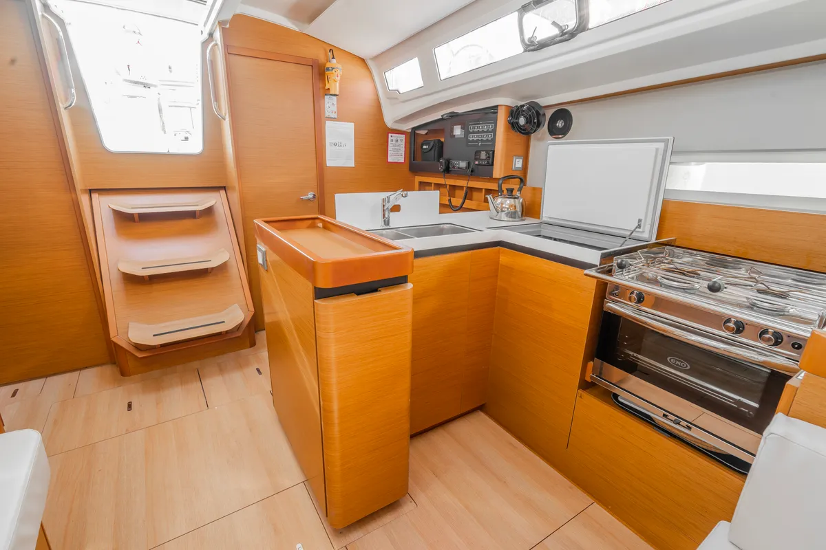 Galley of Salty, a Jeanneau Sun Odyssey 410 sailboat at Municipal Unit of Nea Peramos, Greece