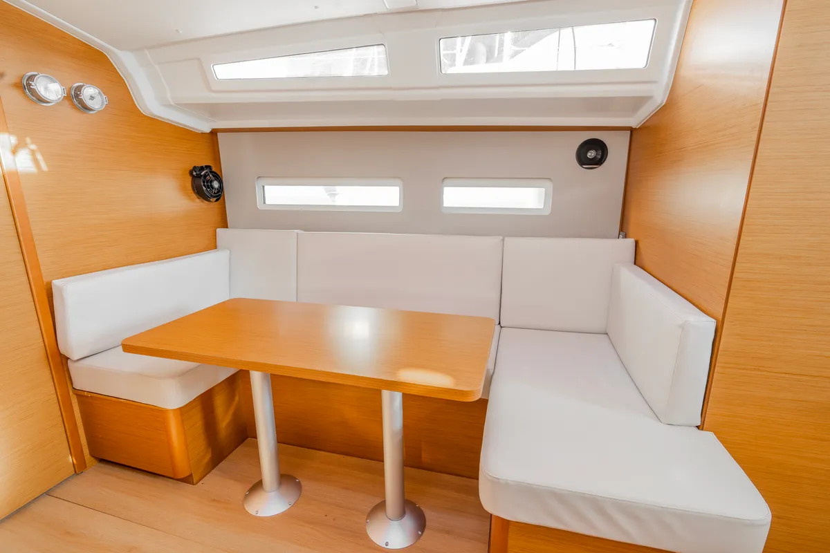 Salon of Salty, a Jeanneau Sun Odyssey 410 sailboat at Municipal Unit of Nea Peramos, Greece