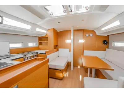 Salon of Salty, a Jeanneau Sun Odyssey 410 sailboat at Municipal Unit of Nea Peramos, Greece