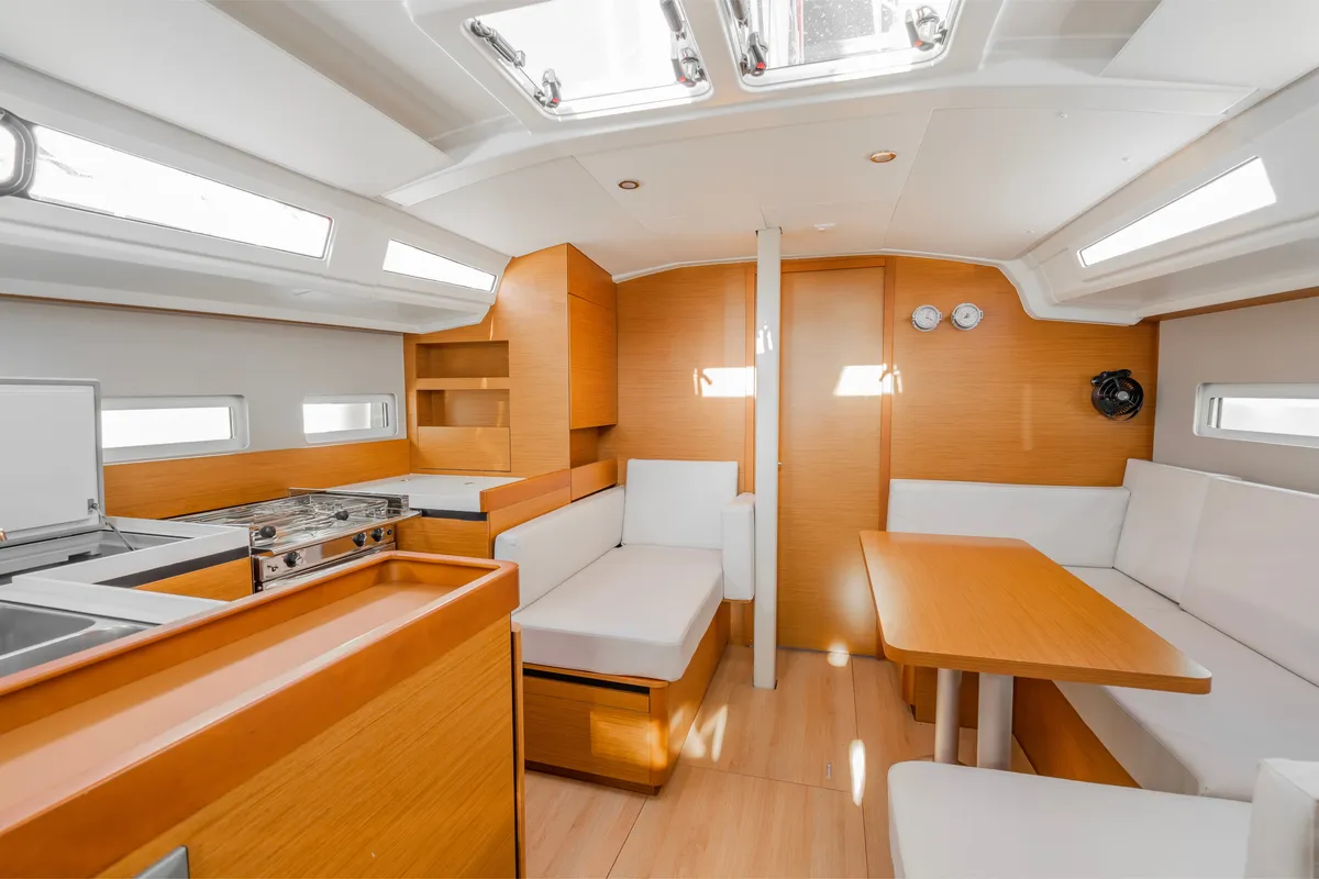 Salon of Salty, a Jeanneau Sun Odyssey 410 sailboat at Municipal Unit of Nea Peramos, Greece