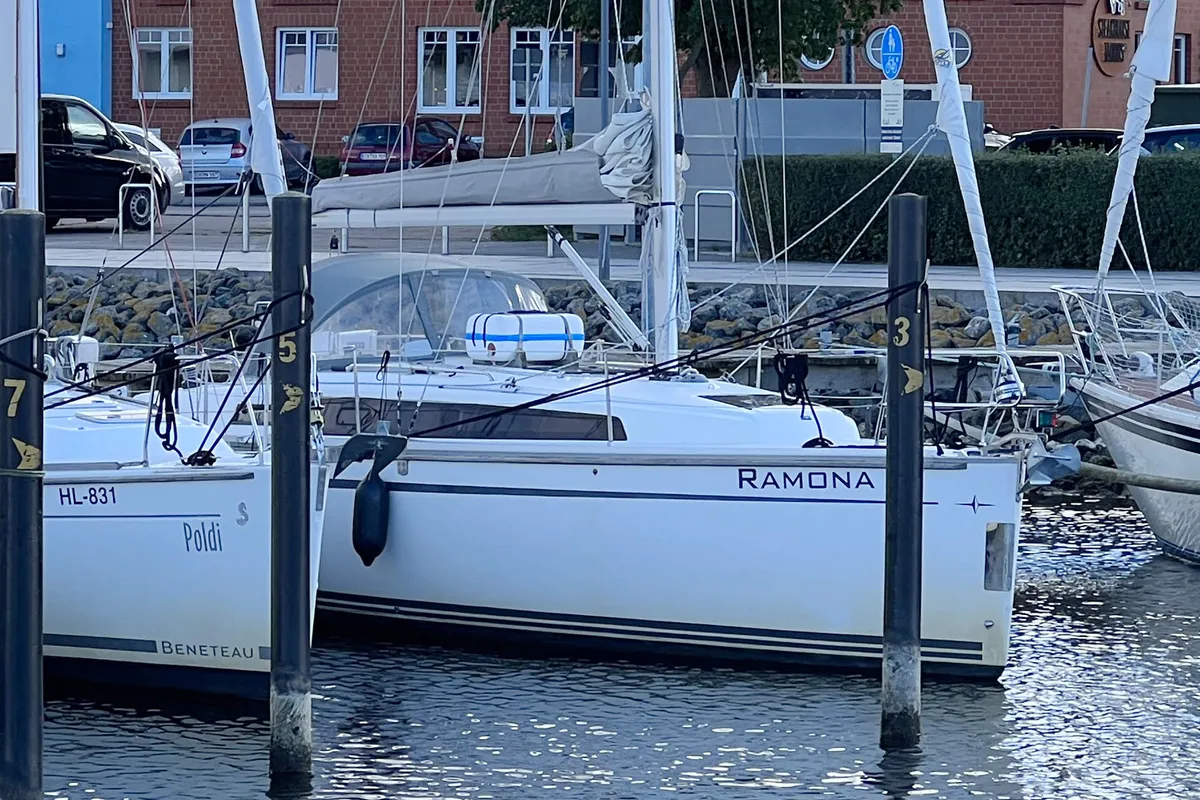 Exterior view of Ramona, a Bavaria Cruiser 33 sailboat at Heiligenhafen, Germany