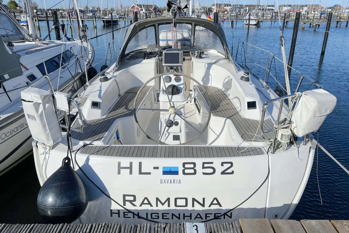 Exterior view of Ramona, a Bavaria Cruiser 33 sailboat at Heiligenhafen, Germany