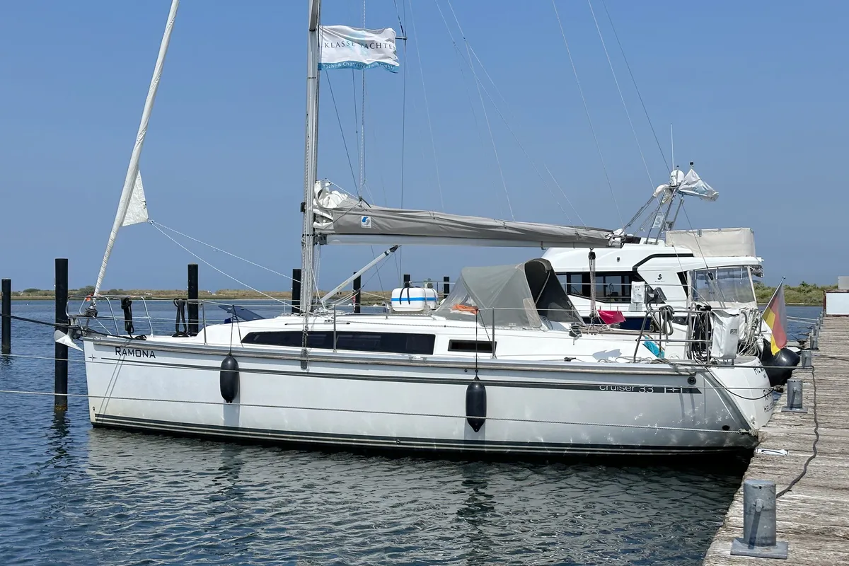 Exterior view of Ramona, a Bavaria Cruiser 33 sailboat at Heiligenhafen, Germany