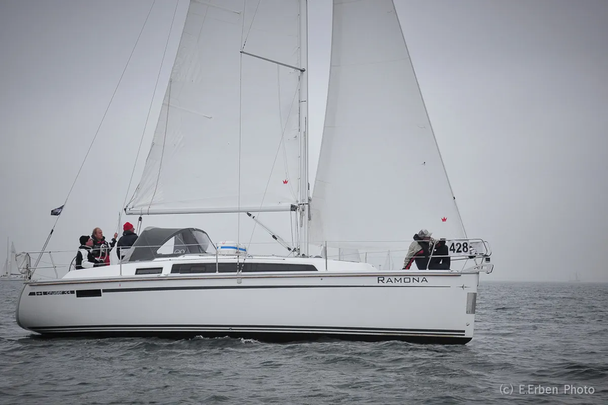 Exterior view of Ramona, a Bavaria Cruiser 33 sailboat at Heiligenhafen, Germany