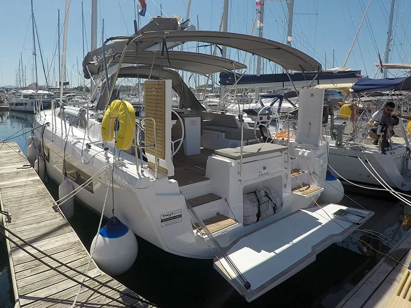 Exterior view of Dama, a Dufour 44 sailboat at Grad Šibenik, Croatia
