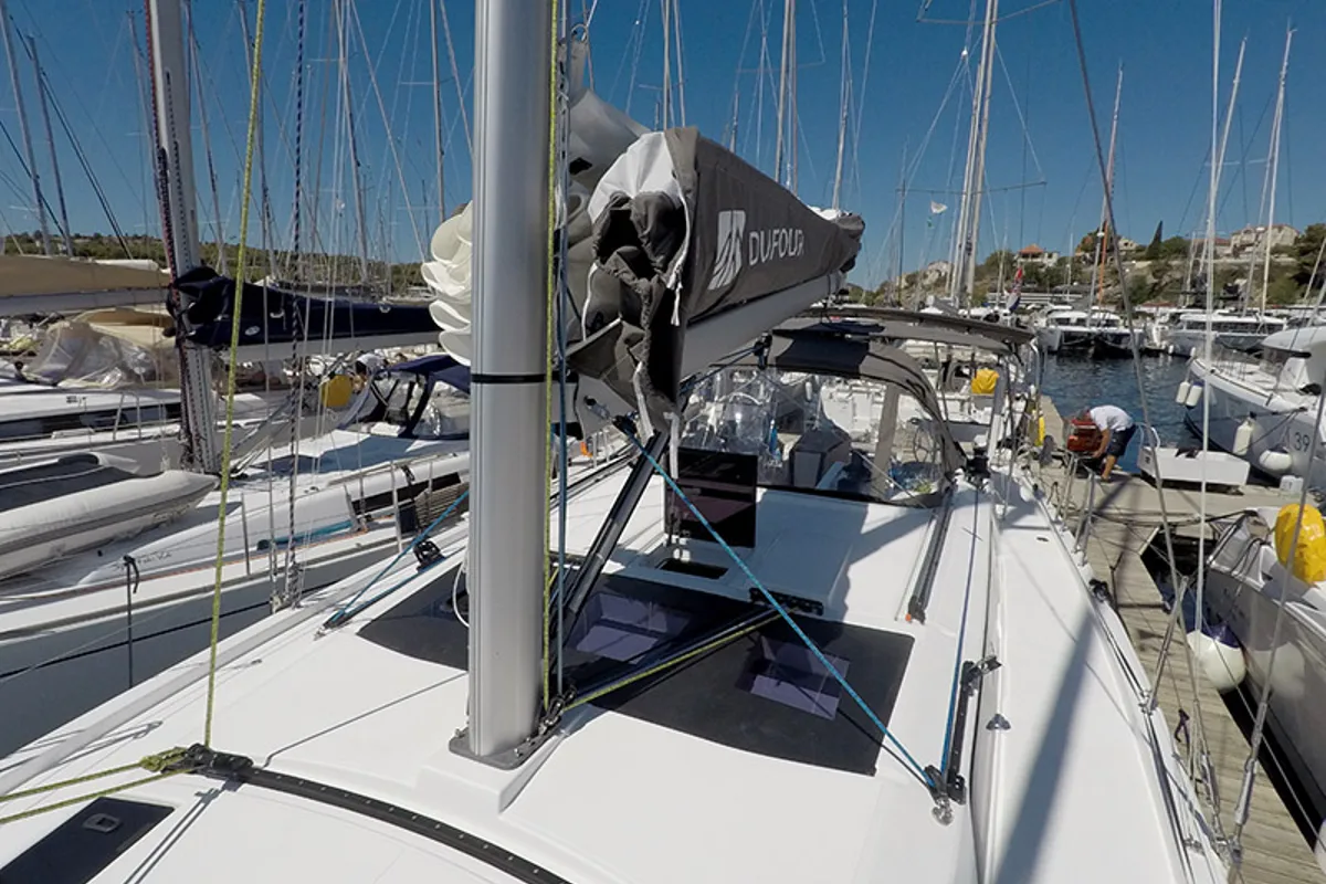 Deck of Dama, a Dufour 44 sailboat at Grad Šibenik, Croatia