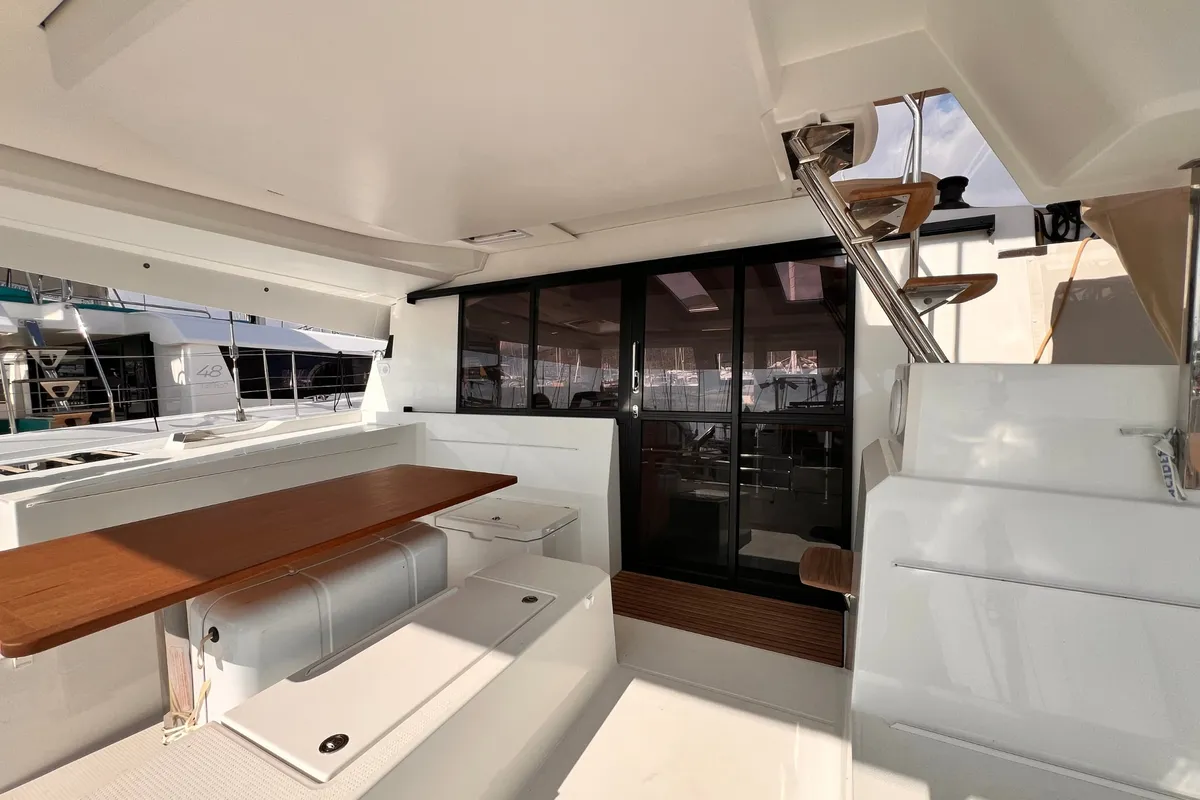 Deck of Nami, a Fountaine Pajot Elba 45 catamaran at Salerno, Italy