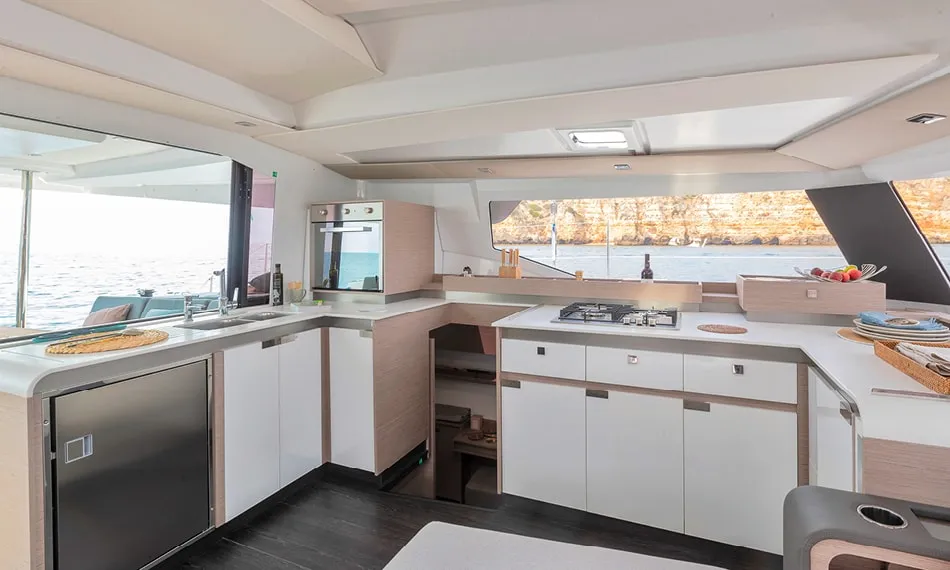 Galley of Nami, a Fountaine Pajot Elba 45 catamaran at Salerno, Italy