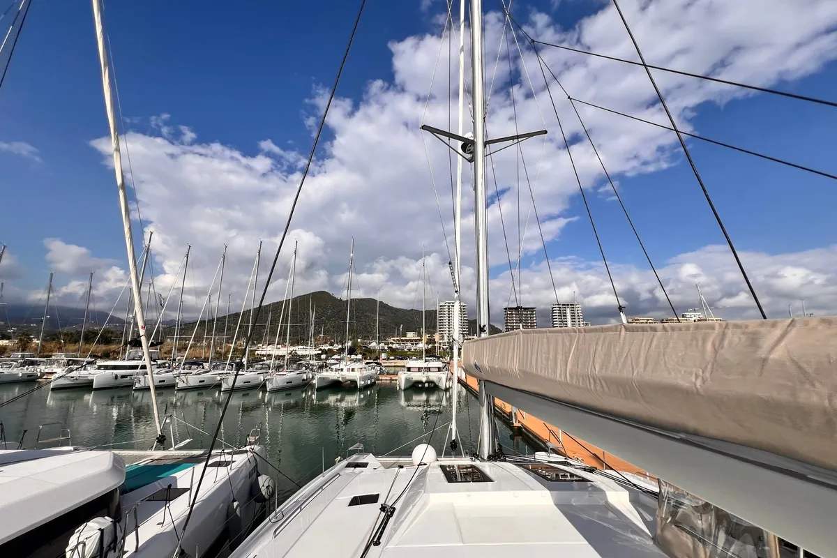 Deck of Nami, a Fountaine Pajot Elba 45 catamaran at Salerno, Italy