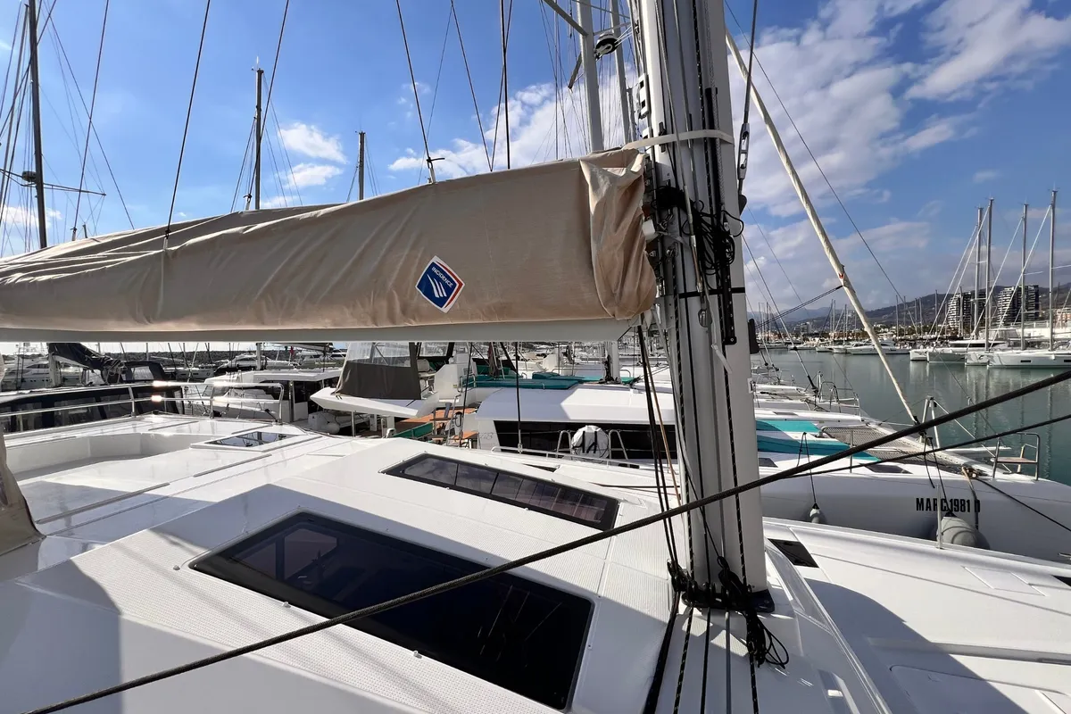 Deck of Nami, a Fountaine Pajot Elba 45 catamaran at Salerno, Italy