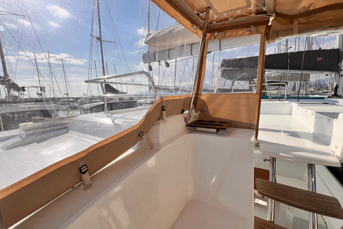 Deck of Nami, a Fountaine Pajot Elba 45 catamaran at Salerno, Italy