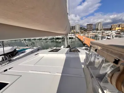 Deck of Nami, a Fountaine Pajot Elba 45 catamaran at Salerno, Italy