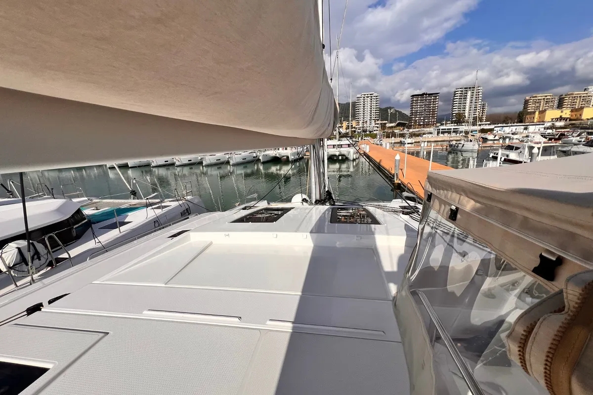 Deck of Nami, a Fountaine Pajot Elba 45 catamaran at Salerno, Italy