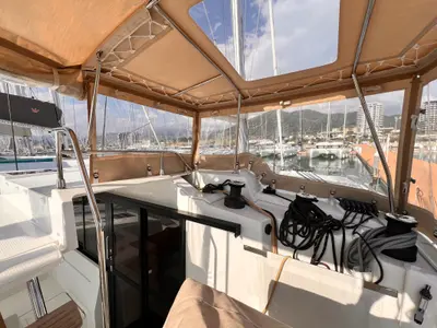Cockpit of Nami, a Fountaine Pajot Elba 45 catamaran at Salerno, Italy