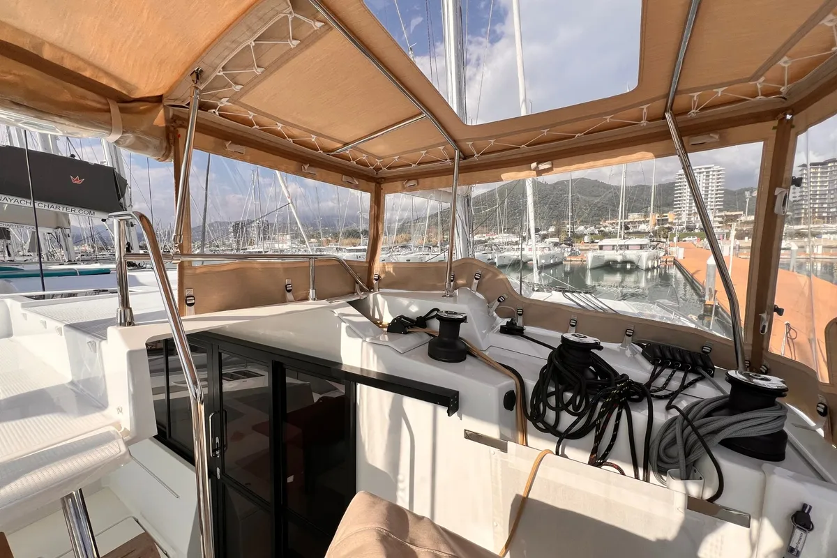 Cockpit of Nami, a Fountaine Pajot Elba 45 catamaran at Salerno, Italy