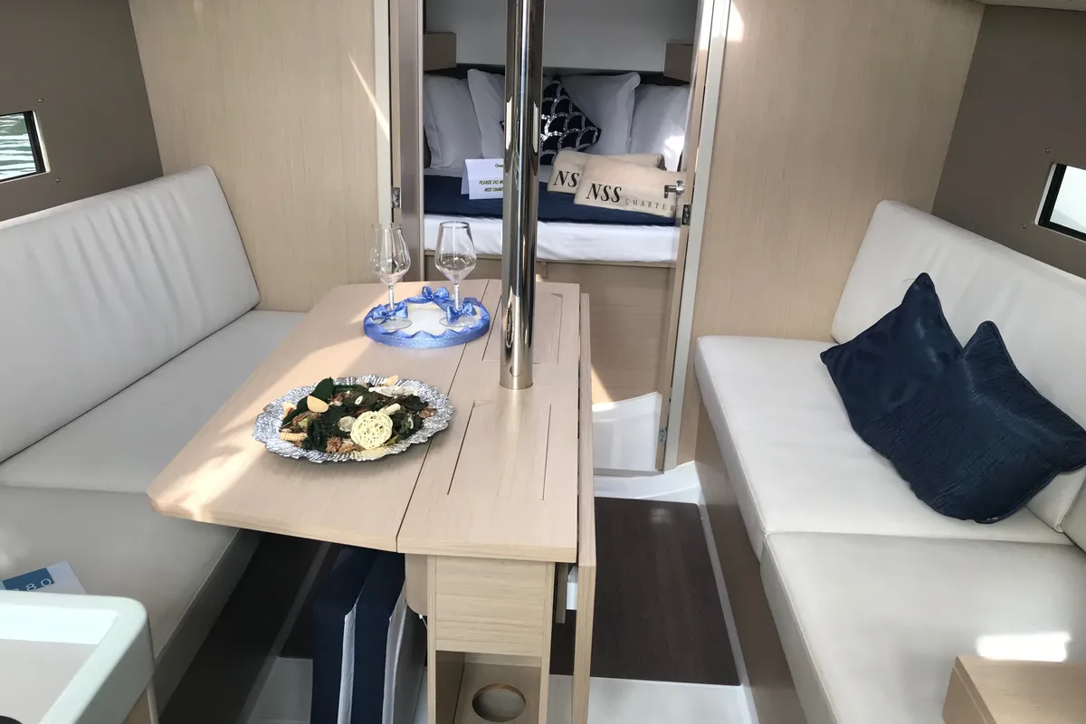 Salon of Mimosa, a Beneteau Oceanis 30.1 sailboat at Olbia, Italy