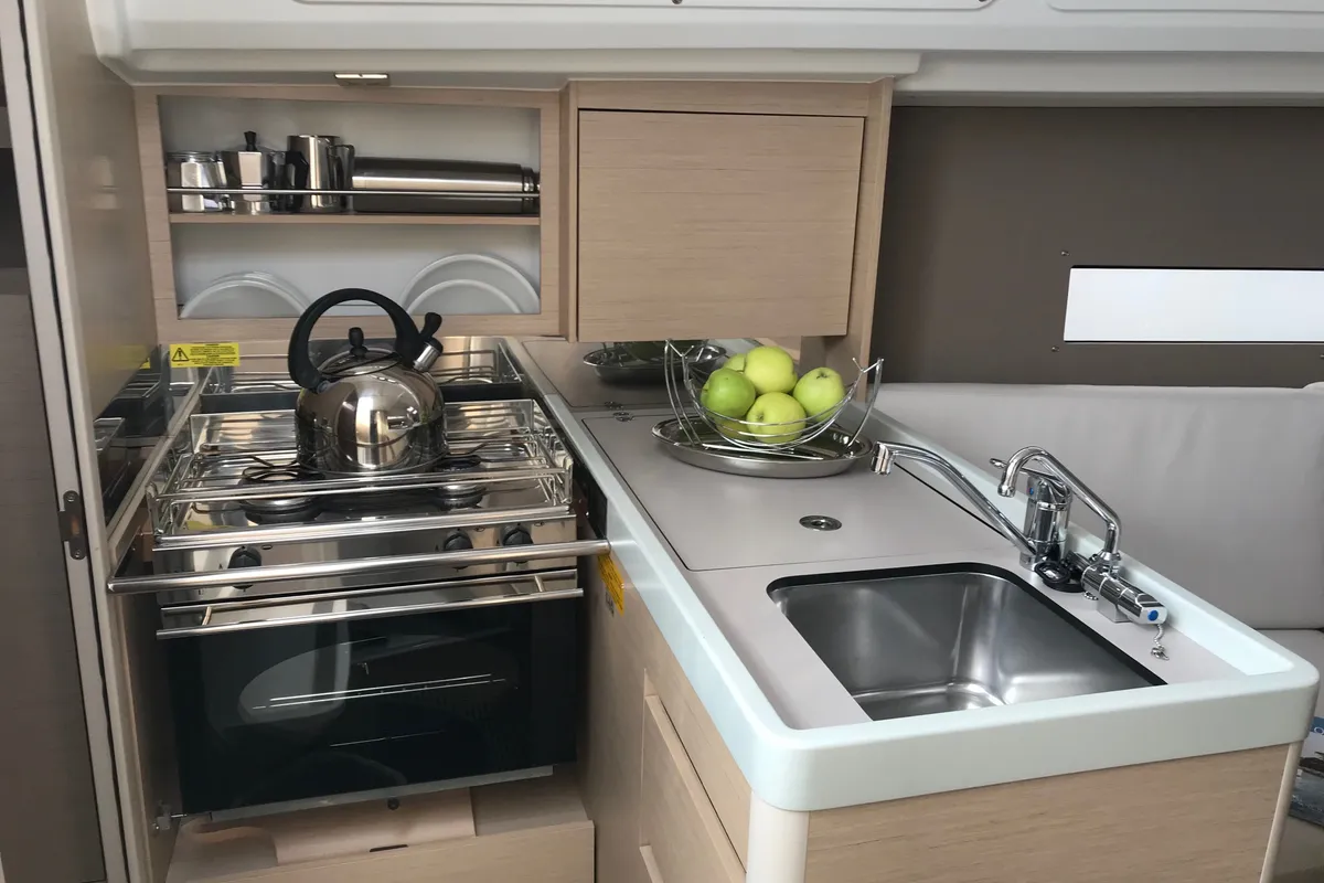 Galley of Mimosa, a Beneteau Oceanis 30.1 sailboat at Olbia, Italy