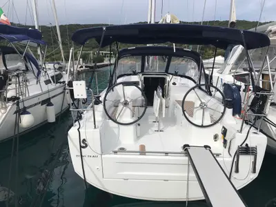 Cockpit of Mimosa, a Beneteau Oceanis 30.1 sailboat at Olbia, Italy