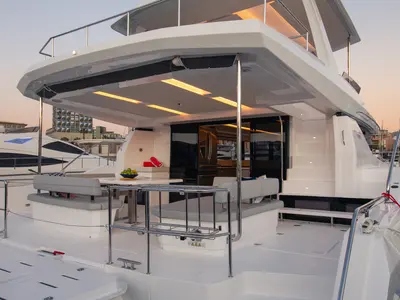 Deck of Moorings 534 PC Club, a Leopard 53 PC catamaran at Road Town, British Virgin Islands