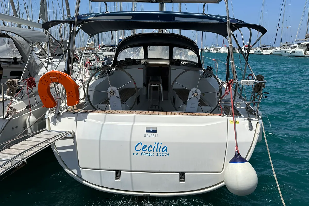Exterior view of Cecilia, a Bavaria Cruiser 41 sailboat at Kos, Greece