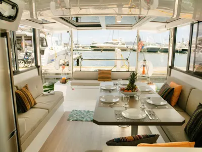 Salon of Pinnacle Cat, a Bali Catspace catamaran at Parham Town, British Virgin Islands