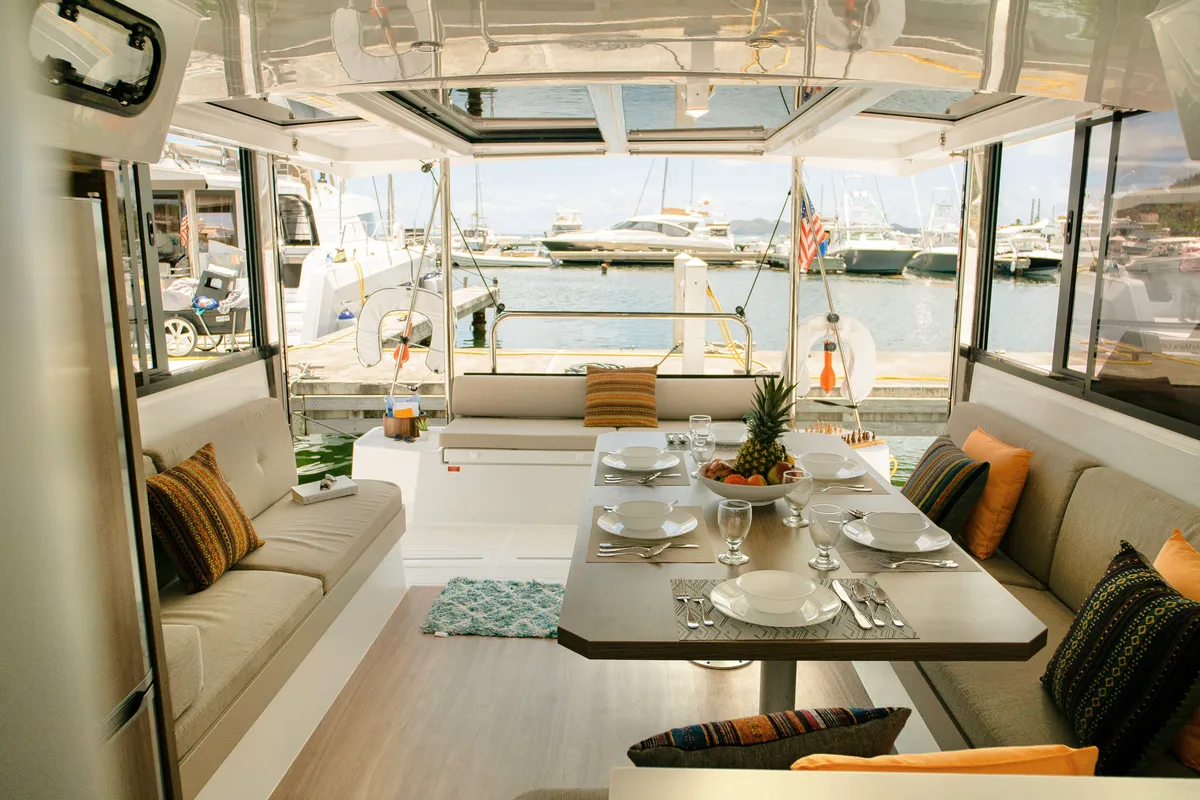 Salon of Pinnacle Cat, a Bali Catspace catamaran at Parham Town, British Virgin Islands