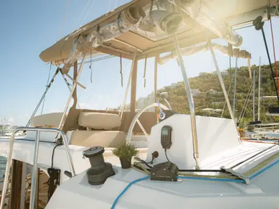 Cockpit of Pinnacle Cat, a Bali Catspace catamaran at Parham Town, British Virgin Islands