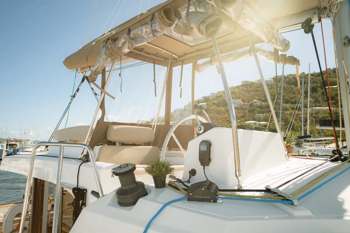 Cockpit of Pinnacle Cat, a Bali Catspace catamaran at Parham Town, British Virgin Islands
