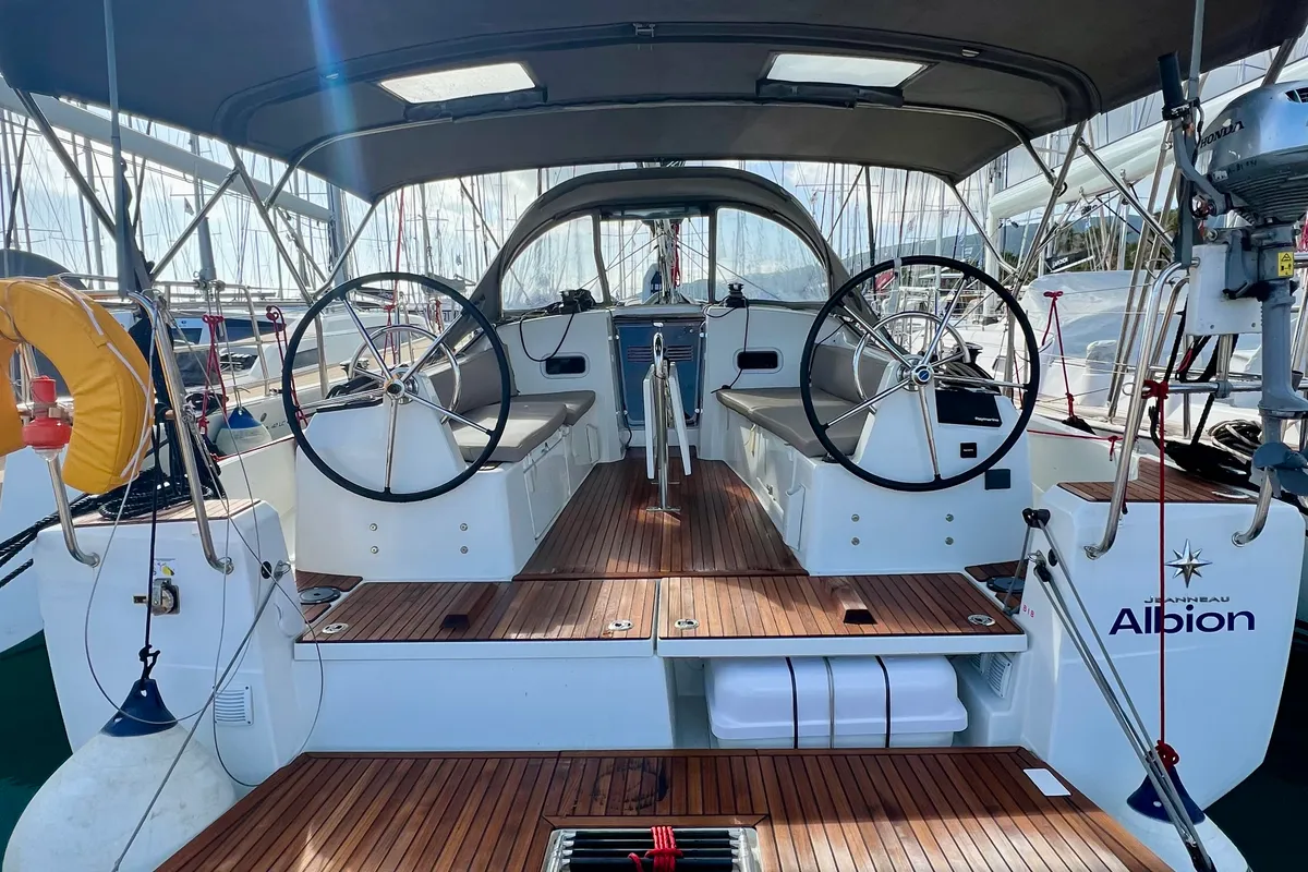 Cockpit of Albion, a Jeanneau Sun Odyssey 380 sailboat at Kos, Greece