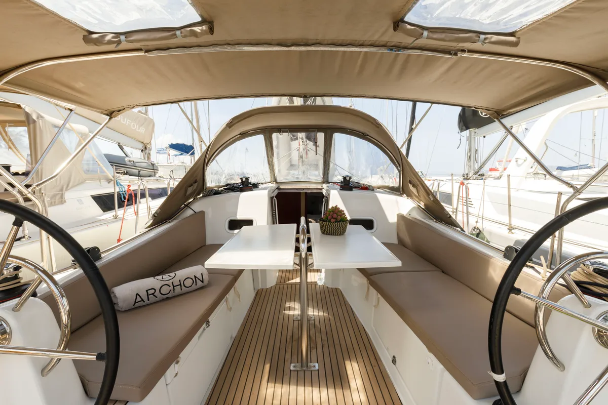 Cockpit of Albion, a Jeanneau Sun Odyssey 380 sailboat at Kos, Greece