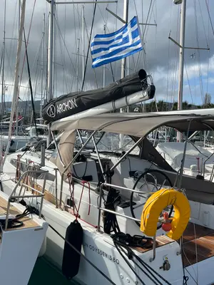 Deck of Albion, a Jeanneau Sun Odyssey 380 sailboat at Kos, Greece
