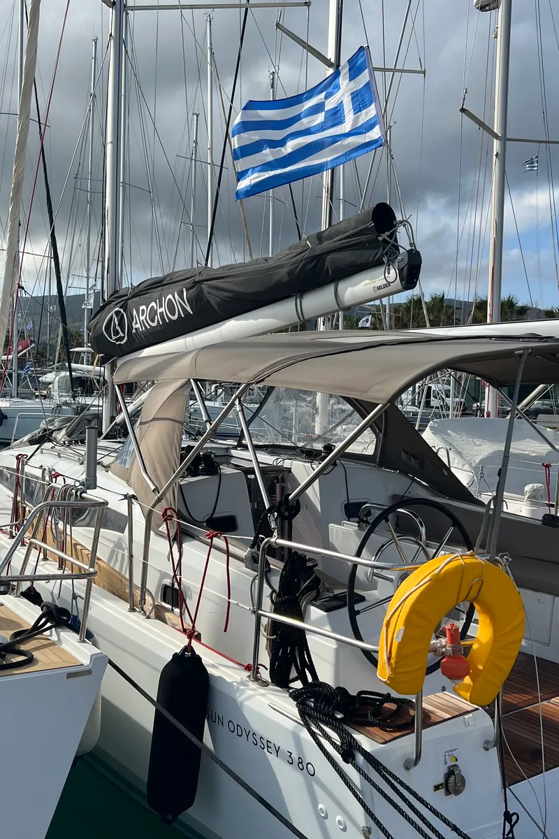 Deck of Albion, a Jeanneau Sun Odyssey 380 sailboat at Kos, Greece