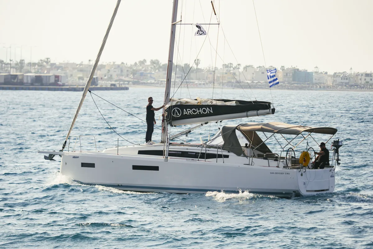 Exterior view of Albion, a Jeanneau Sun Odyssey 380 sailboat at Kos, Greece