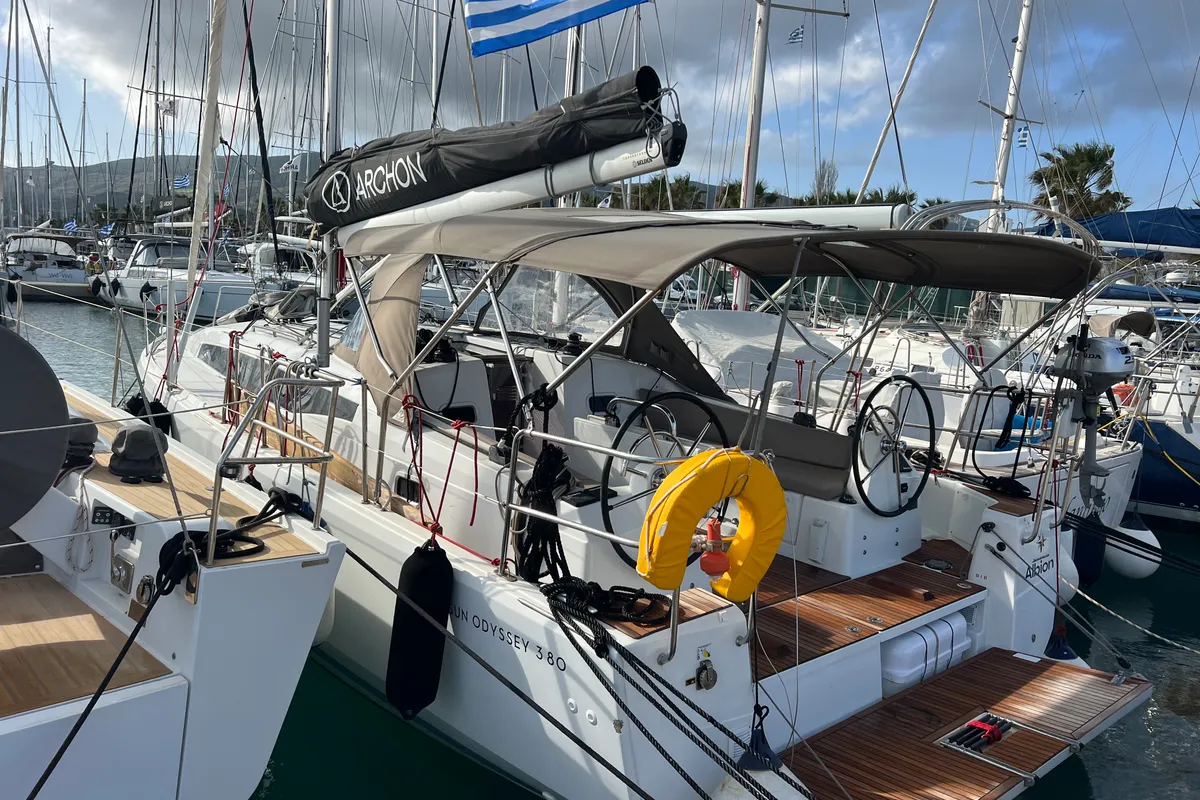 Deck of Albion, a Jeanneau Sun Odyssey 380 sailboat at Kos, Greece