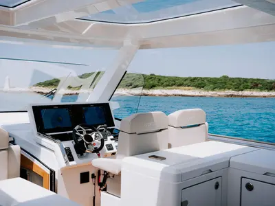 Cockpit of Fjord 53 XL, a motor yacht at Podstrana - Miljevac, Croatia