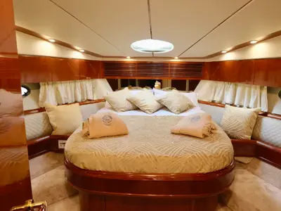 Cabin on Paladino, a Fairline Squadron 55 motor yacht at Riposto, Italy