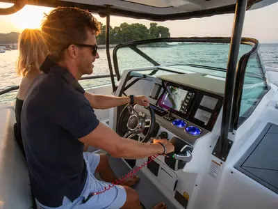 Cockpit of NN, a Saxdor 270 GTO motorboat at Općina Sukošan, Croatia