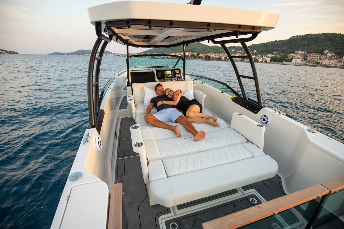 Deck of NN, a Saxdor 270 GTO motorboat at Općina Sukošan, Croatia