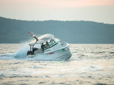 Exterior view of NN, a Saxdor 270 GTO motorboat at Općina Sukošan, Croatia