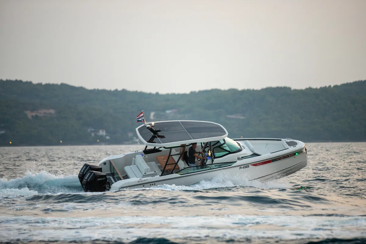 Exterior view of NN, a Saxdor 270 GTO motorboat at Općina Sukošan, Croatia