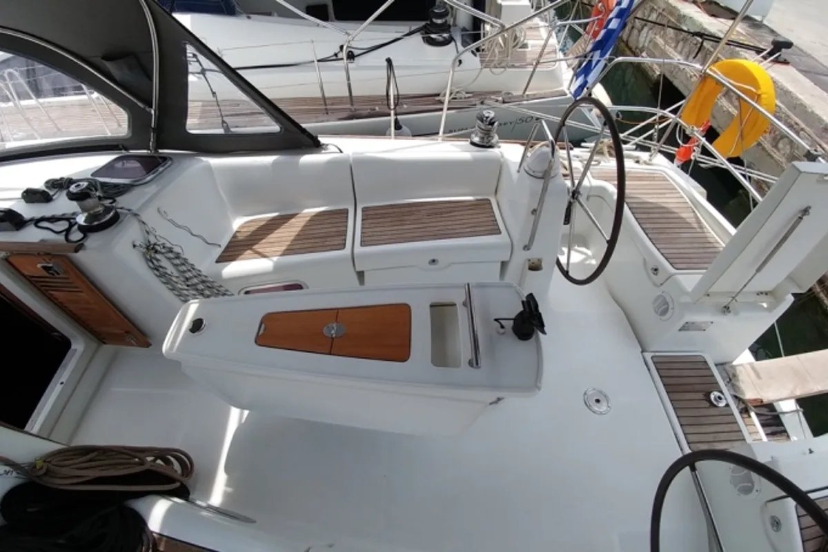 Cockpit of Beluga, a Beneteau Oceanis 43 sailboat at Municipal Unit of Elefsina, Greece