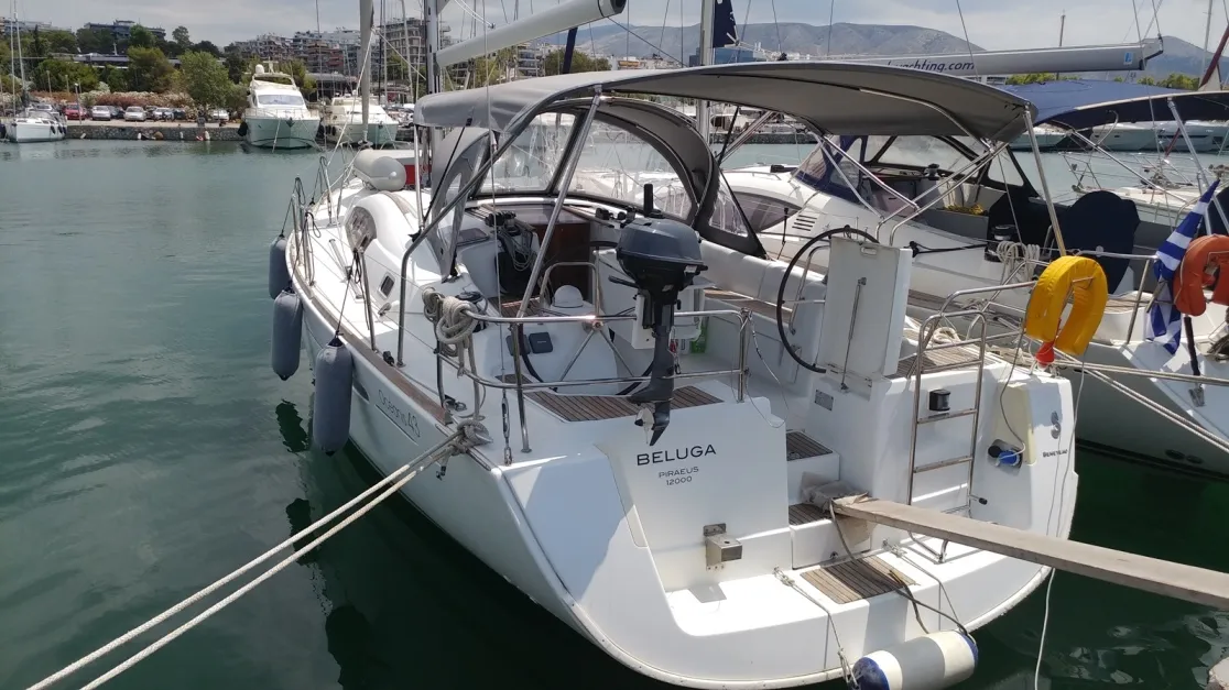 Exterior view of Beluga, a Beneteau Oceanis 43 sailboat at Municipal Unit of Elefsina, Greece