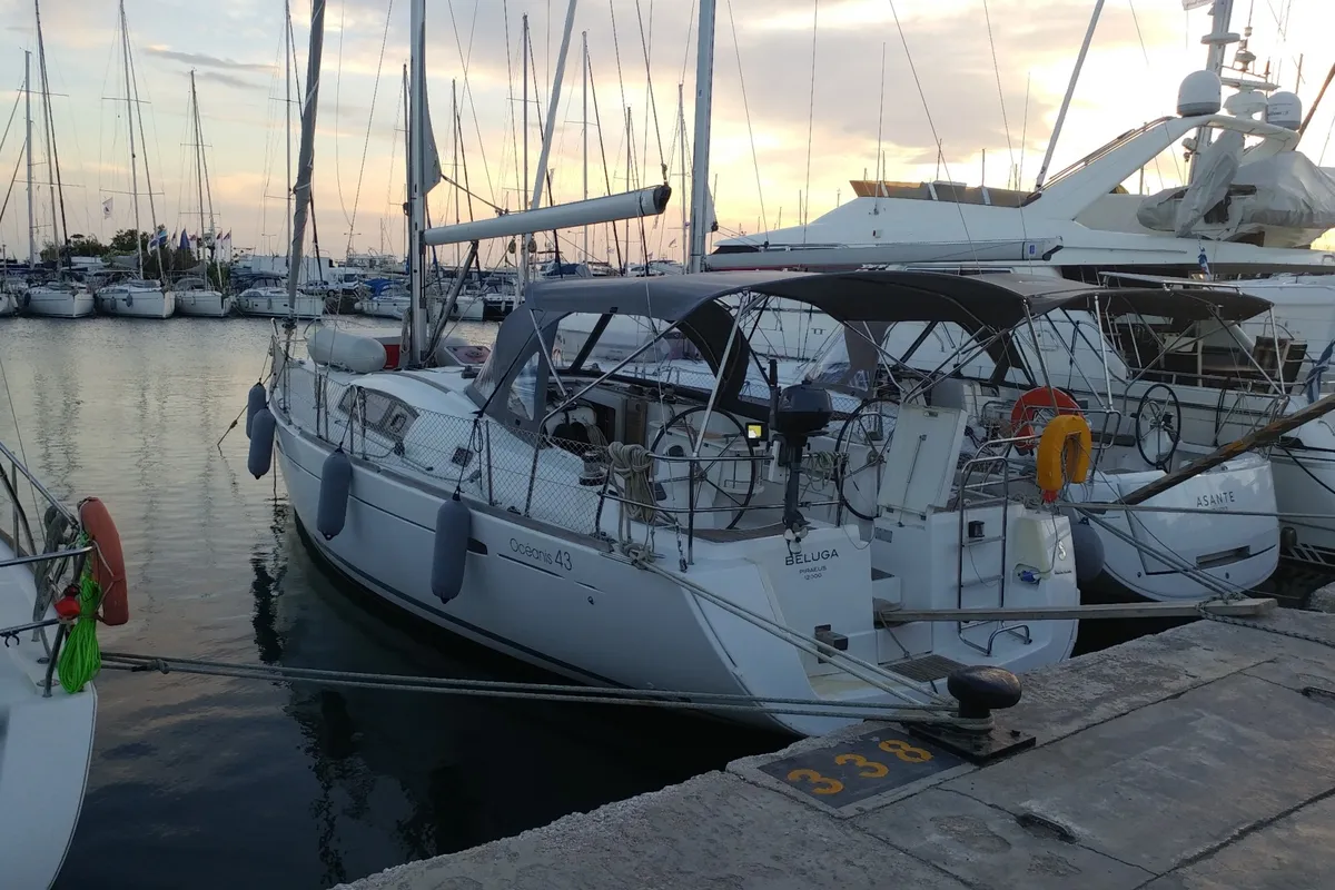 Exterior view of Beluga, a Beneteau Oceanis 43 sailboat at Municipal Unit of Elefsina, Greece