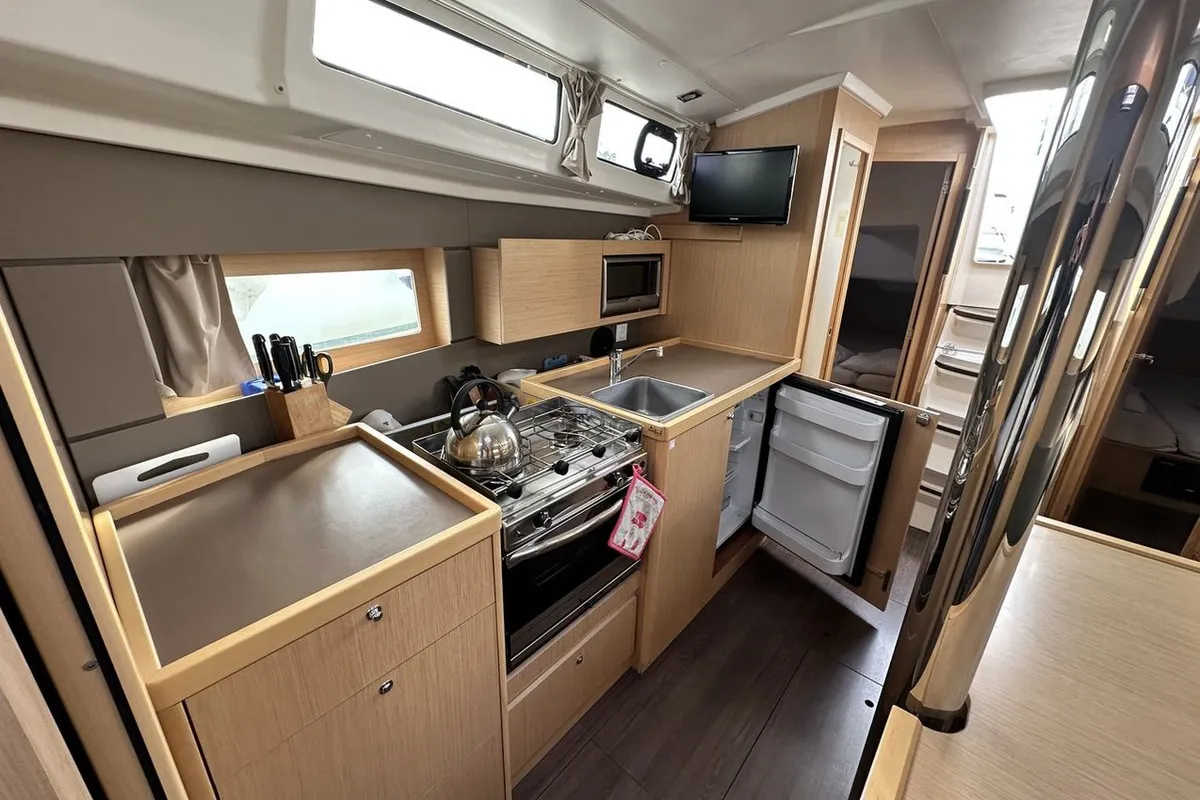 Galley of Delfino, a Beneteau Oceanis 38.1 sailboat at La Rochelle, France
