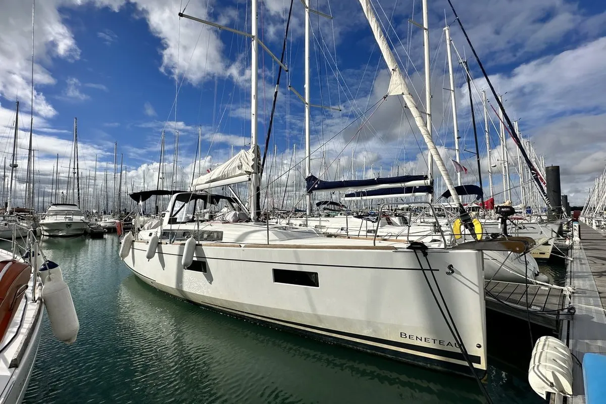 Exterior view of Delfino, a Beneteau Oceanis 38.1 sailboat at La Rochelle, France