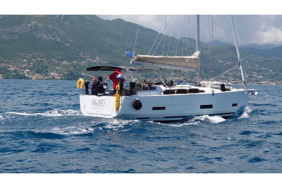 Exterior view of Alati, a Dufour 390 Grand Large sailboat at Municipal Unit of Lefkada, Greece