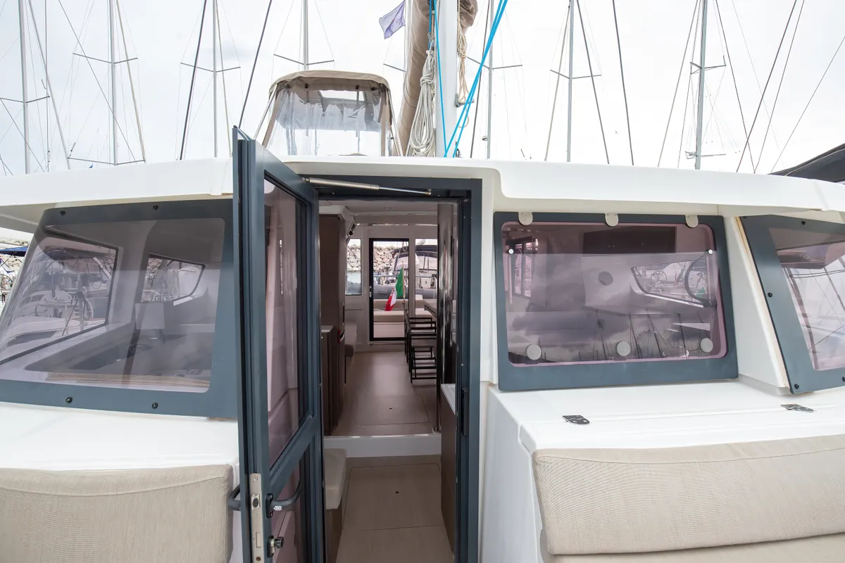 Deck of Peppina - Standard Line, a Bali 4.2 catamaran at Salerno, Italy